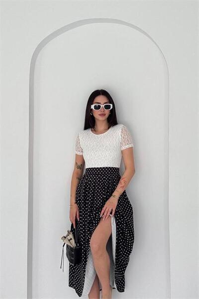 Neşeli Butik Women's Black Lace Detailed Polka Dot Patterned Midi Length Dres...