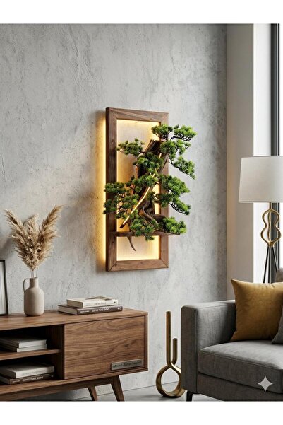 DDTREND Dekoratif Ledli Ahşap Duvar Saksısı Ve Gerçek Ağaç Dalı İle Yapay Çiçek Bonsai 25x25X60 Cm