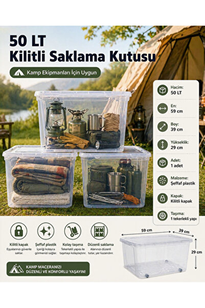 biedda 3 Adet 50 LT Tekerlekli Kilitli Ev Mutfak ve Kamp Saklama Kutusu Şeffaf Plastik Organizer Düzenleyici Kutu