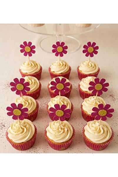 HediyeBigi Papatya Fuşya Renk Simli Cupcake Kürdanı Doğum günü parti ve pasta...