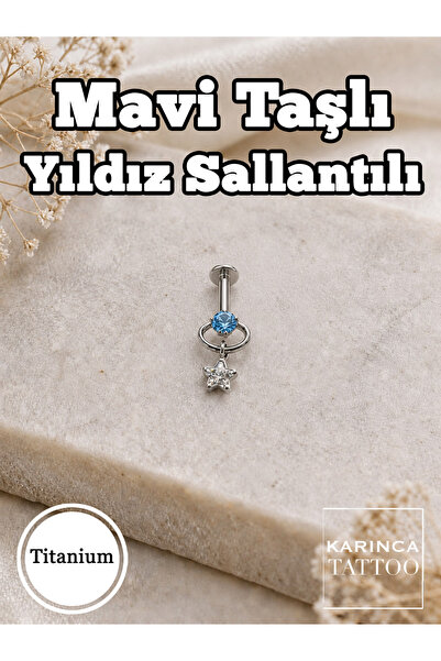 Karınca Piercing Mavi Taşlı Yıldız Sallantılı Labret Titanyum Piercing Dudak ...