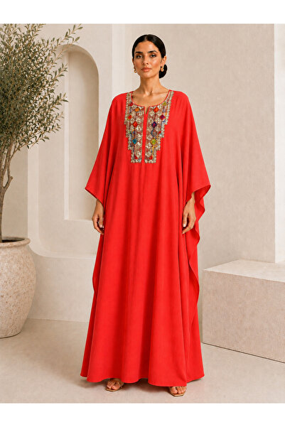 Marever Fashion Kırmızı Taş İşlemeli Premium Keten Kaftan Elbise – Oversize M...