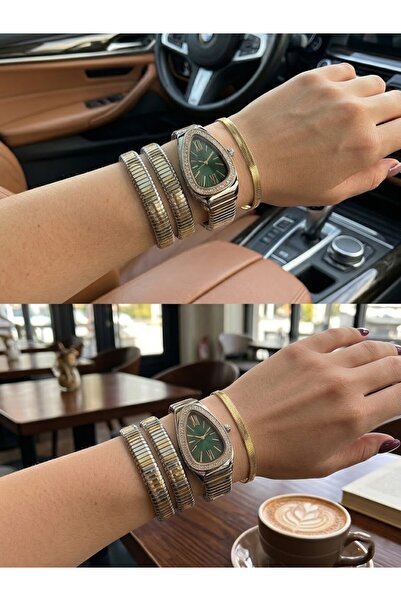 Leerybee Yılan Model Kadın Kol Saati Çelik Bileklik Kombin Saat Seti İtalyan ...