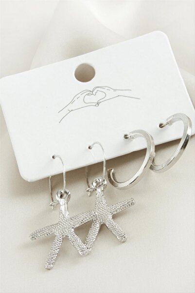 ZERO LAND Ilkeshop 4 Pcs Sea Star Hoop Earrings - (00339) Silver Color