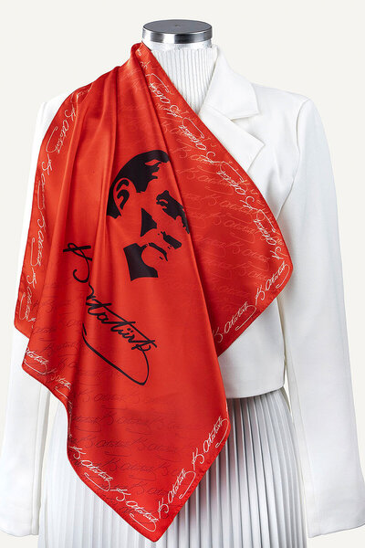 SilkTouch Red and Black Patterned Scarf Handkerchief with Ataturk Silhouette and Signature