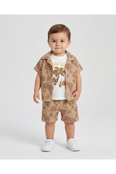 VOY KİDS Baby Boy Palm Tree Printed Muslin Shirt and Shorts Summer Muslin Set...