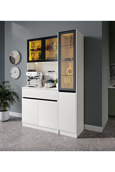 GuneyStore Lotus Midi Sağ Vitrinli Kahve Köşesi Komple MDF LED Mutfak Dolabı - Ücretsiz Montaj