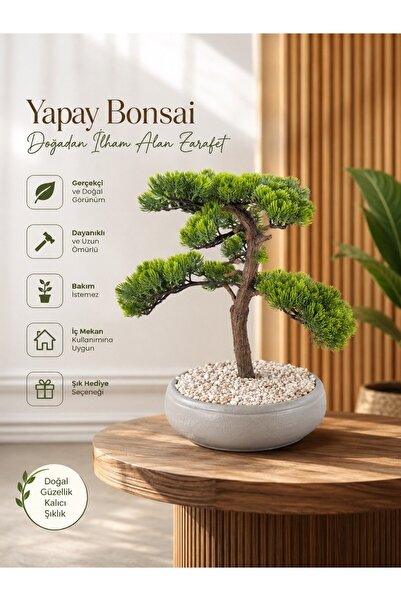 Yades Premium Kalın Gövdeli Yapay Bonsai Ağacı - Modern Gri Saksıda