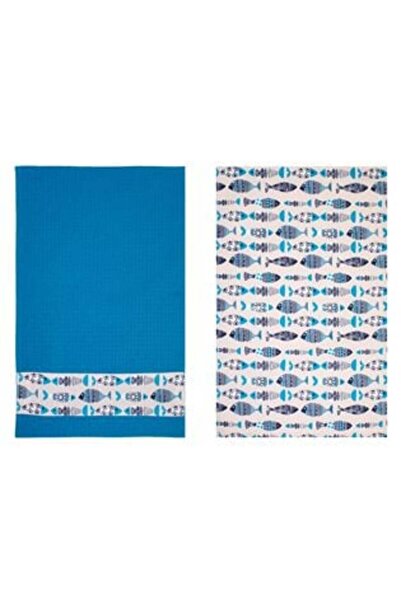 SHOPIENS Set Kitchen Towels Blue Beige with Fish Pattern 58 x 38 cm - 2 pcs