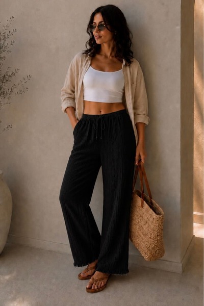 bb butik basic Women's Muslin Casual Trousers with Elastic Waist and Detailed...