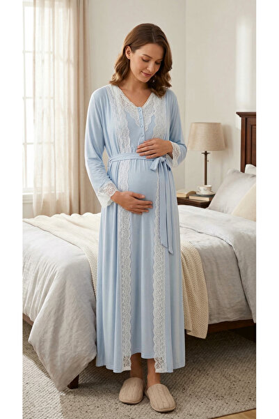 Lohusa Homewear Yeni Sezon Mavi Hamile Lohusa Yazlık Tam Boy Zarif Dantel Det...