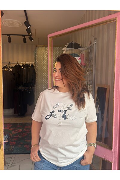 Store Büyük Beden Boncuk İşlemeli Tişört 48 Bedene Kadar