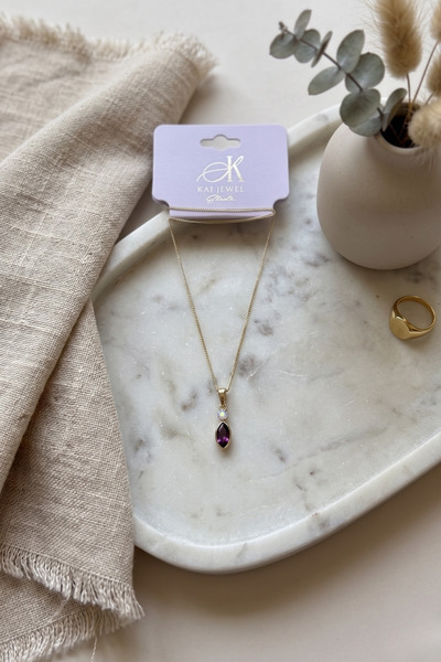 Kai Jewel Studio Mor Kristal Taşlı Minimal Çelik Kolye - Kararmaz - Antialerjik