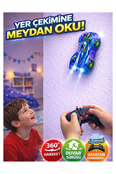 LRS STORE Duvarda Tavanda Giden Uzaktan Kumandalı Araba - LED Işıklı Vakum Te...