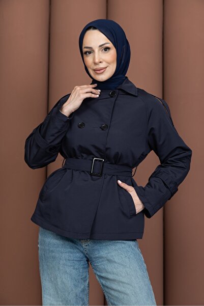 PAVENTİ Trench scurt, elegant, cu centură, bleumarin