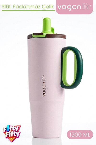 Vagonlife Tumbler 1200 ML Tek Kapak Çift Kullanım Pipetli Rahat İçim Kulplu P...