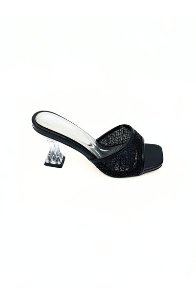 viderri Women's Black Sequin Detailed Transparent Heeled Slippers Vdz01017