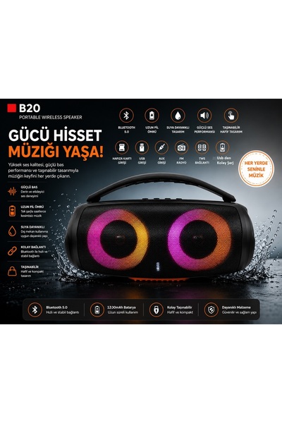 Tastech B20 Bluetooth Hoparlör Usb ve Hafıza Kartı Girişli Fm Radyolu Şarjlı Taşınabilir Kablosuz Speaker Mp3 Çalar Tüm Cihazlara Uyumlu