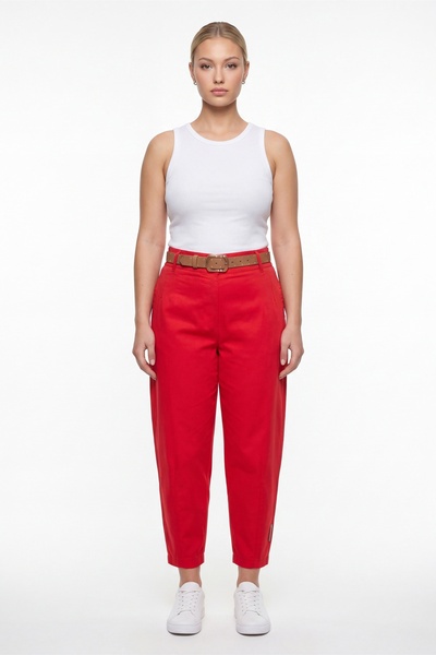 EXİTLİNE Women's Red Summer Belted Balloon Model Denim Trousers