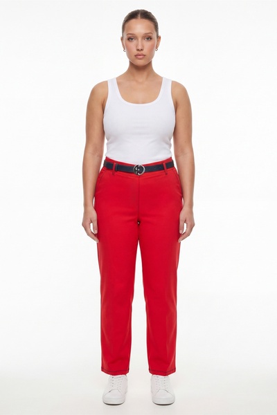 EXİTLİNE Women's Red Summer Belted Straight-Leg Trousers