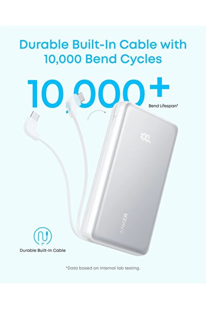 Anker بنك طاقة زولو بسعة 20000 مللي أمبير في الساعة، شحن سريع 22.5 واط، شاحن محمول مع كابل USB-C مدمج، بطارية عالية السعة لأجهزة آيفون وسامسونج وآيباد وأجهزة USB-C، لون أبيض
