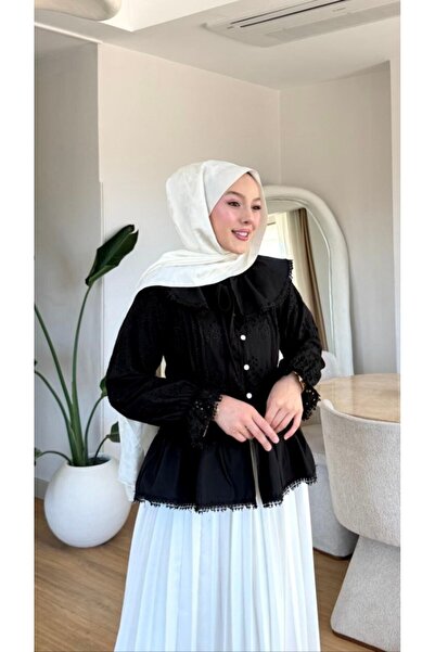 Nes Moda Kadın Bebe Yaka Taş Düğme Detaylı Tesettür Tunik Gömlek