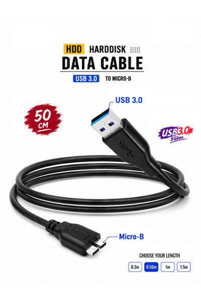 Vwin USB 3.0 Taşınabilir Harddisk HDD Hard Disk Veri Data Kablosu, 50 Cm SİYA...