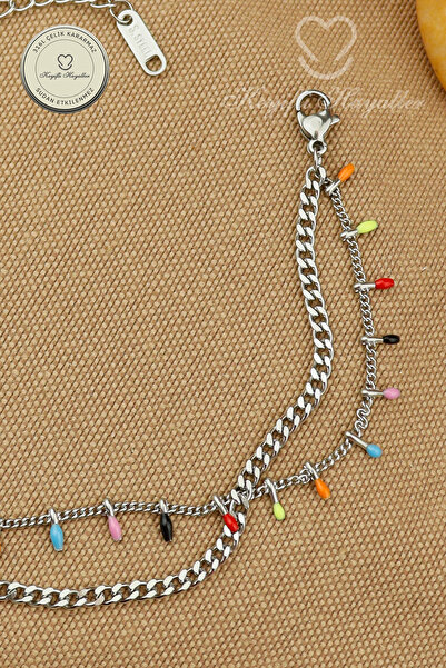 Keyifli Hayaller 316L Çelik Halhal - 2li Kombin Renkli Çubuklu Zincir 316L Çelik Halhal 20+5cm