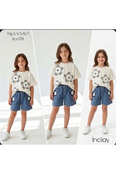 İncilay Girl's Floral Embroidered Denim Shorts Set