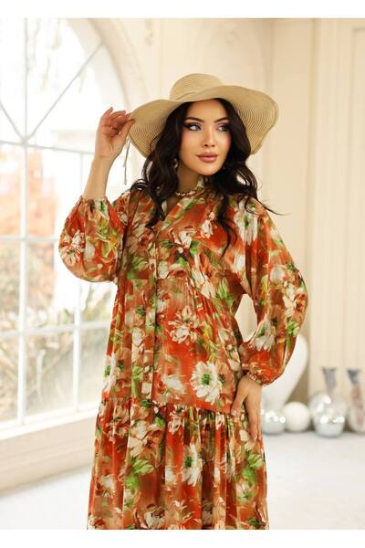 Cannes Cilla Women's Hakim Collar Ethnic Patterned Orange Dress