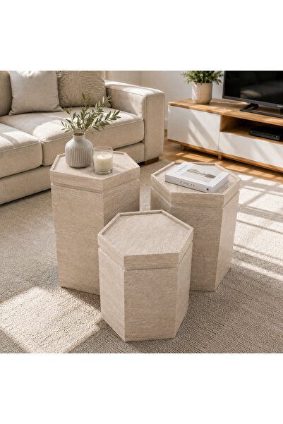 EFLORA DESIGN Premium Traverten 3’lü Zigon Sehpa İç İçe Geçebilen MDF Tasarım...