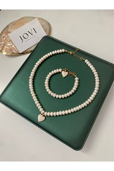 JOVİ ATELİER Doğal Rondela Kadın İnci Kolye Bileklik Seti | Kalp Charm