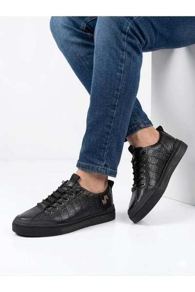 Lütfi Men's black genuine leather orthopedic sole casual sneaker shoes