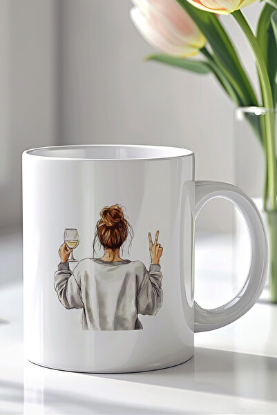 Mio Life 330ml Printed White Ceramic Mug Cup with Woman Figure and Wine Glass