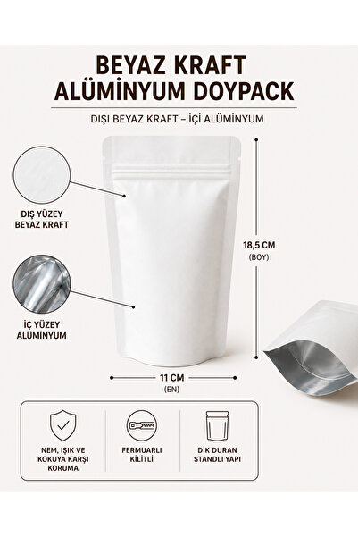 DOYPACK BEYAZ KRAFT ALÜMİNYUM KİLİTLİ 11*18 - 100 GR - 100 ADET
