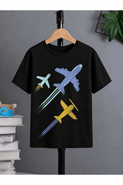 VODEXA Tricou oversize unisex cu imprimeu THREE AIRPLANES, 100% bumbac, croia...