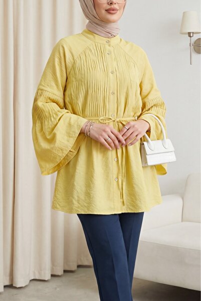 Modamorfo Spanish Style Stoned Buttoned Belted Cupra Tunic - Yellow