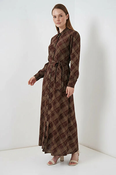 buğrahayalin Women's Buttoned Viscose Brown Hijab Dress