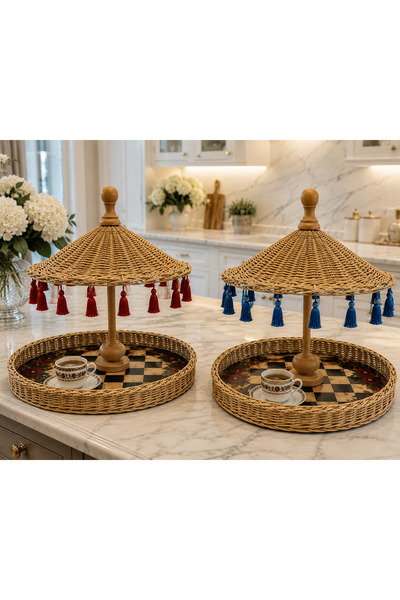 Marrone 2 Adet Rattan Tepsili Bali Şemsiyesi Sunumluk Mackenzie Model