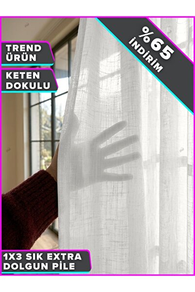 Demor Home Kristal Beyaz Lüks Keten Dokulu 1/3 Sık Pile Zarif Tül Perde | Ütü...