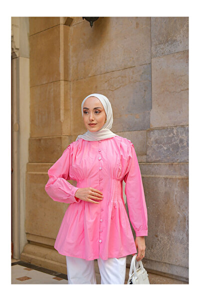 LC Waikiki Nevavm Women's Ribbed Waist Poplin Shirt Pink