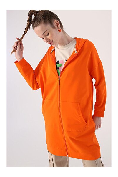 LC Waikiki Nevavm Orange Hooded Zippered Sweat Cardigan with a Difference