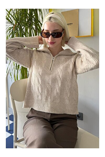 LC Waikiki Nevavm Beige Knitted Patterned Women's Knitwear Sweater with Diffe...