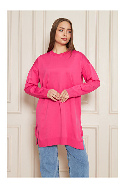 LC Waikiki Nevavm Women's Oval Collar Slit Oversize Pink Knitwear Sweater