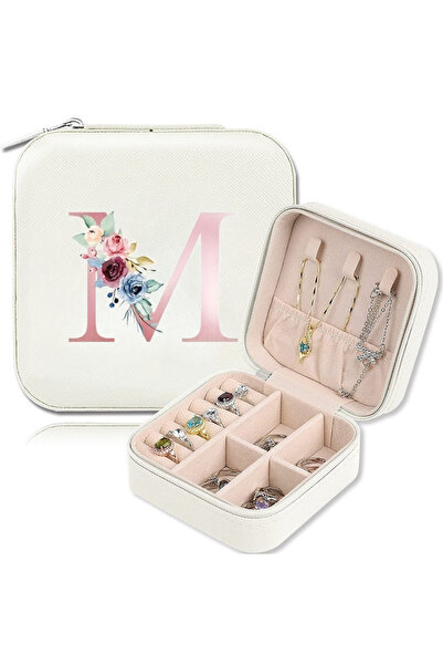 Choice10 Ma-1-M White Floral Pattern PU Jewelry Box Alphabet A-Z Earring & Ri...
