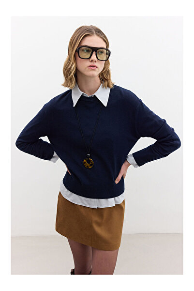 LC Waikiki Nevavm Soft Textured Knitwear Sweater with Difference in Color Nav...