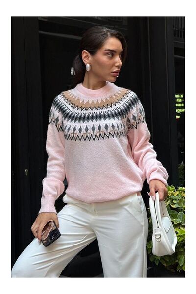 LC Waikiki Nevavm Pink Oval Collar Patterned Women's Knitwear Sweater Mg2502