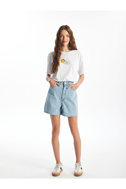 LC Waikiki Nevavm High Waist Standard Fit Women's Jean Shorts with Difference