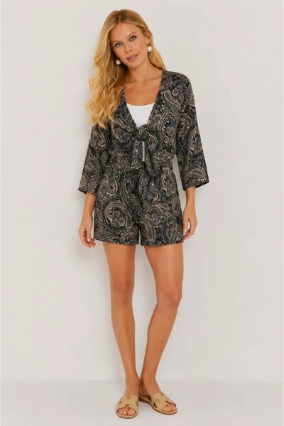 Cool & Sexy Shawl Patterned Double Set with Tie Detail and Shorts