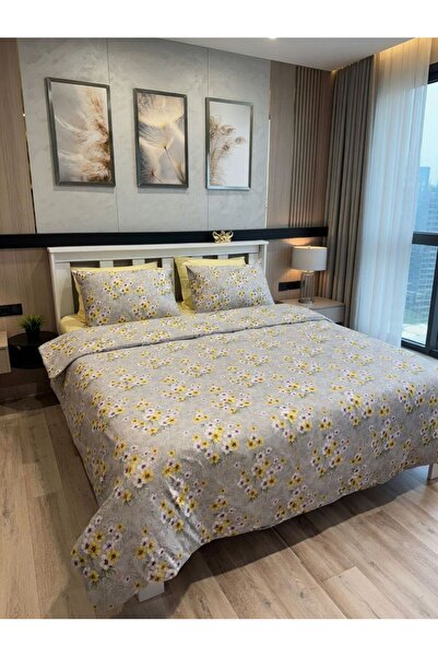 VİENNA Double Duvet Cover Set with Elastic Sheets and 4 Pillowcases Soft Text...